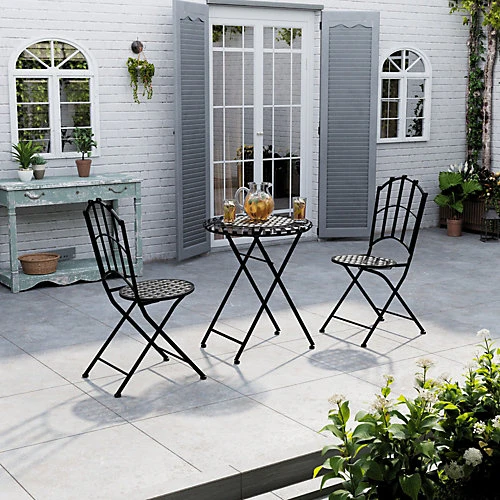 Livingandhome Set Of 3 Black Retro Metal Folding Chairs And Table Set 93 Cm 2 Livingandhome Set Of 3 Black Retro Metal Folding Chairs And Table Set 93 Cm - Image 2