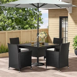 Livingandhome Set Of 5 Black Garden Patio Furnituer Set Square Glass Umbrella Table And Rattan Chairs 105 Cm