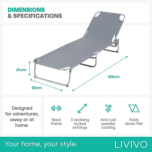 LIVIVO Foldable Reclining Sun Lounger With Adjustable Back & Leg Rests - Lightweight Sun Bed, 3 Height Settings - Grey 4 LIVIVO Foldable Reclining Sun Lounger With Adjustable Back & Leg Rests - Lightweight Sun Bed, 3 Height Settings - Grey - Image 4