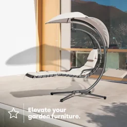 LIVIVO Luxury Soft Padded Hanging Sun Lounger With A Canopy - Outdoor Garden Hammock For Patio, Decking & Balcony - Beige -Outsunny Garden Zone livivo luxury soft padded hanging sun lounger with a canopy outdoor garden hammock for patio decking balcony beige5056295308036 03c MP