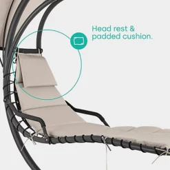 LIVIVO Luxury Soft Padded Hanging Sun Lounger With A Canopy - Outdoor Garden Hammock For Patio, Decking & Balcony - Beige -Outsunny Garden Zone livivo luxury soft padded hanging sun lounger with a canopy outdoor garden hammock for patio decking balcony beige5056295308036 04c MP
