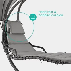 LIVIVO Luxury Soft Padded Hanging Sun Lounger With A Canopy - Outdoor Garden Hammock For Patio, Decking & Balcony - Grey -Outsunny Garden Zone livivo luxury soft padded hanging sun lounger with a canopy outdoor garden hammock for patio decking balcony grey5056295308029 03c MP