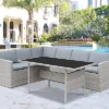 Louisa Corner Grey Rattan Sofa Garden Set For Outdoors L Shaped Black Glass Topped Dining Table Grey Cushions
