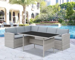 Louisa Corner Grey Rattan Sofa Garden Set For Outdoors L Shaped Black Glass Topped Dining Table Grey Cushions