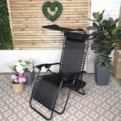 Multi Position Garden Gravity Relaxer Chair Sun Lounger With Sun Canopy In Black
