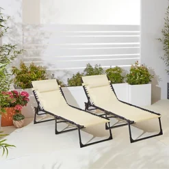 Neo Pair Of Cream Outdoor Garden Folding Sun Loungers