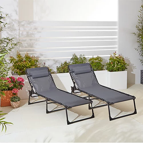Neo Pair Of Grey Outdoor Folding Sun Loungers 1 Neo Pair Of Grey Outdoor Folding Sun Loungers