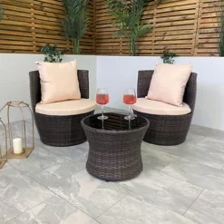 Outdoor Brown Rattan With Cream Cushions Garden Patio Stackable Vase Bistro Chair And Table Set