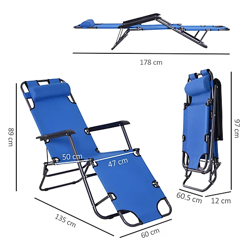 Outsunny 2 In 1 Outdoor Folding Sun Lounger W/ Adjustable Back And Pillow Blue 3 Outsunny 2 In 1 Outdoor Folding Sun Lounger W/ Adjustable Back And Pillow Blue - Image 3
