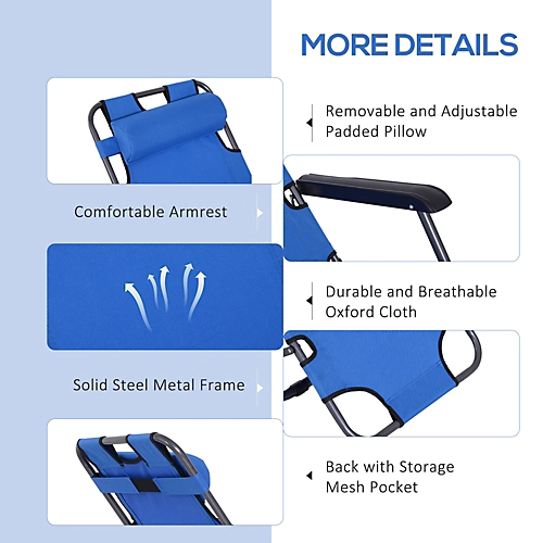 Outsunny 2 In 1 Outdoor Folding Sun Lounger W/ Adjustable Back And Pillow Blue 4 Outsunny 2 In 1 Outdoor Folding Sun Lounger W/ Adjustable Back And Pillow Blue - Image 4