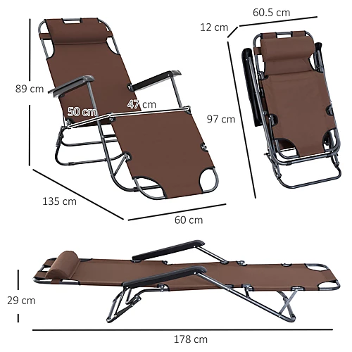 Outsunny 2 In 1 Outdoor Folding Sun Lounger W/ Adjustable Back And Pillow Brown 3 Outsunny 2 In 1 Outdoor Folding Sun Lounger W/ Adjustable Back And Pillow Brown - Image 3