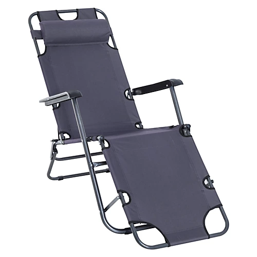 Outsunny 2 In 1 Outdoor Folding Sun Lounger W/ Adjustable Back And Pillow Grey 2 Outsunny 2 In 1 Outdoor Folding Sun Lounger W/ Adjustable Back And Pillow Grey - Image 2