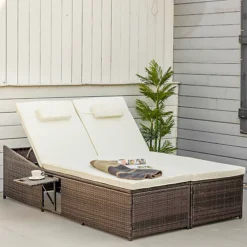 Outsunny 2 Seater Double Rattan Sun Lounger Recliner Day Bed Wicker Weaver Sofa