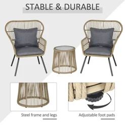 Outsunny 3 PCS Webbed PE Rattan Outdoor Patio Set With Cushions Steel Frame Brown -Outsunny Garden Zone outsunny 3 pcs webbed pe rattan outdoor patio set with cushions steel frame brown5056399122828 06c MP