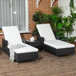Outsunny 3-Pieces Rattan Sun Lounger, Patio Chaise Lounge Chair Set With Adjustable Backrest, Soft Cushions, Cream White