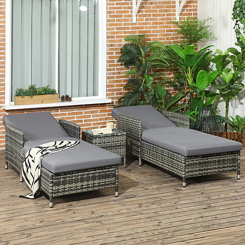 Outsunny 3-Pieces Rattan Sun Lounger, Patio Chaise Lounge Chair Set With Adjustable Backrest, Soft Cushions, Glass Top Table, Grey 1 Outsunny 3-Pieces Rattan Sun Lounger, Patio Chaise Lounge Chair Set With Adjustable Backrest, Soft Cushions, Glass Top Table, Grey