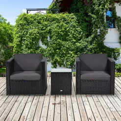 Outsunny 3Pcs Patio 2 Seater Rattan Sofa Garden Furniture Set Coffee With Cushions Black