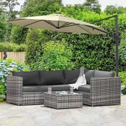 Outsunny 3Pcs Rattan Corner Sofa Set Coffee Table Garden Furniture With Cushion Grey