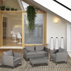 Outsunny 4 PCs PE Rattan Wicker Outdoor Dining Set Sofa Chairs Table Cushions Grey