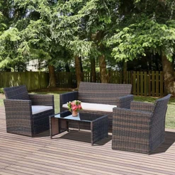 Outsunny 4pc Patio Garden Rattan Wicker Sofa 2-Seater Loveseat Chair Table Brown