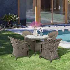 Outsunny 5 PCS Outdoor Patio PE Rattan Dining Set With Umbrella Hole
