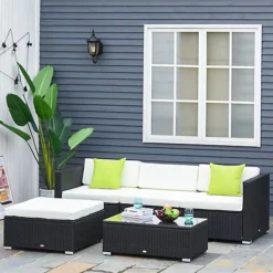 Outsunny 5 Pieces Rattan Sofa Set Wicker Sectional Cushion Patio Black Garden