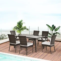Outsunny 7PC Rattan Dining Set Patio Chair Glass Top Table Wicker Furniture
