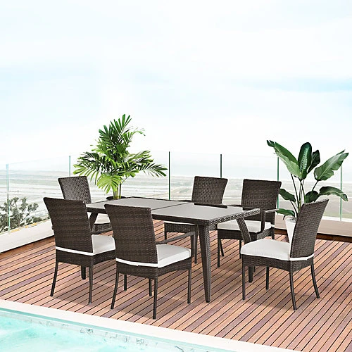 Outsunny 7PC Rattan Dining Set Patio Chair Glass Top Table Wicker Furniture 1 Outsunny 7PC Rattan Dining Set Patio Chair Glass Top Table Wicker Furniture