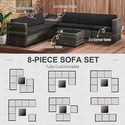 Outsunny 8Pcs Patio Rattan Sofa Set Garden Furniture Side Table With Cushion Grey -Outsunny Garden Zone outsunny 8pcs patio rattan sofa set garden furniture side table with cushion grey5056029833124 06c MP