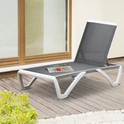 Outsunny Chaise Patio Lounge With 5-Level Adjustable Back Wheels Texteline Grey