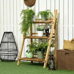 Outsunny Flower Stand 3 Tier Ladder Fold Shelf Holder Display Wood