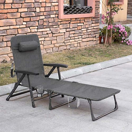Outsunny Folding Chaise Lounge, Garden Lounger Headrest Cup Holder, Dark Grey 1 Outsunny Folding Chaise Lounge, Garden Lounger Headrest Cup Holder, Dark Grey