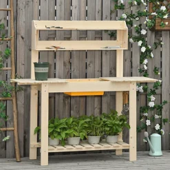 Outsunny Garden Potting Bench Workstation Table W/ Sliding Tabletop & Dry Sink