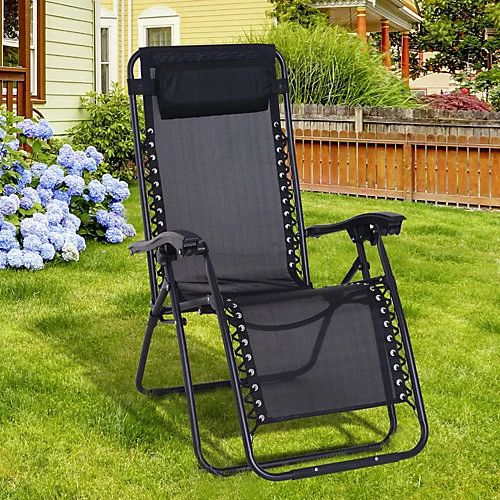 Outsunny Metal Frame Zero Gravity Lounger W/ Head Pillow For Patio Decking Black 1 Outsunny Metal Frame Zero Gravity Lounger W/ Head Pillow For Patio Decking Black
