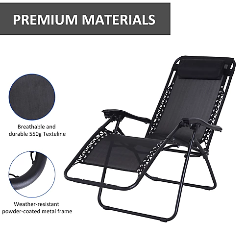 Outsunny Metal Frame Zero Gravity Lounger W/ Head Pillow For Patio Decking Black 4 Outsunny Metal Frame Zero Gravity Lounger W/ Head Pillow For Patio Decking Black - Image 4