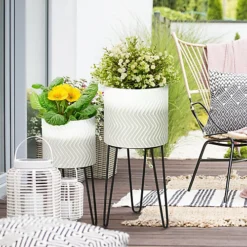 Outsunny Metal Plant Stand Set Of 2 With Legs, Decorative Round Planters With Stands Flower Pot Holders For Living Room, Bedroom