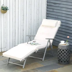 Outsunny Outdoor Patio Sun Lounger Garden Texteline Foldable Reclining Chair Pillow Adjustable Recliner With Cushion - Cream White