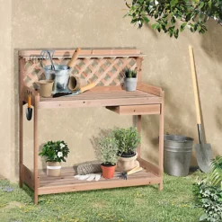 Outsunny Outdoor Wood Potting Table Garden Plant W/ Drawer, Hook, Slatted Shelf