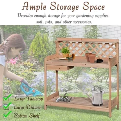 Outsunny Outdoor Wood Potting Table Garden Plant W/ Drawer, Hook, Slatted Shelf -Outsunny Garden Zone outsunny outdoor wood potting table garden plant w drawer hook slatted shelf5056029888261 06c MP