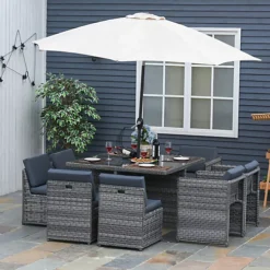 Outsunny Patio 9 PCs Rattan Dining Table Set Garden Wicker Cube Sofa Furniture