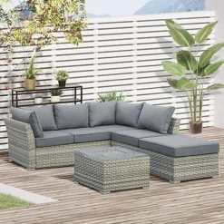 Outsunny Patio PE Rattan Sofa Sectional Conversation Furniture Set With Ice Bucket