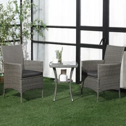 Outsunny Rattan Bistro Set Garden Chair Table Patio Outdoor Cushion Conservatory Light Grey