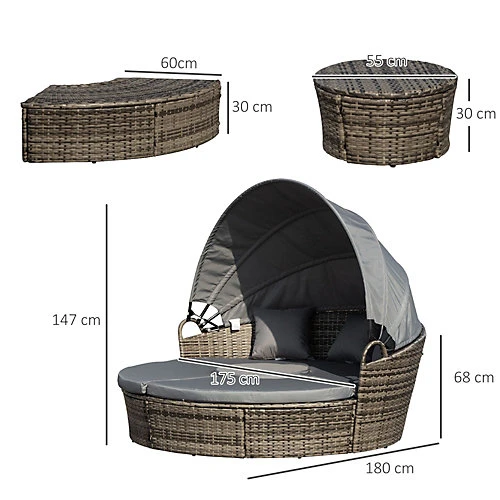 Outsunny Rattan Garden Furniture Cushioned Wicker Round Sofa Bed With Coffee Table Patio Conversation Furniture Set - Grey 3 Outsunny Rattan Garden Furniture Cushioned Wicker Round Sofa Bed With Coffee Table Patio Conversation Furniture Set - Grey - Image 3