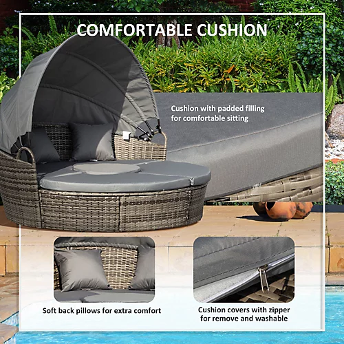 Outsunny Rattan Garden Furniture Cushioned Wicker Round Sofa Bed With Coffee Table Patio Conversation Furniture Set - Grey 4 Outsunny Rattan Garden Furniture Cushioned Wicker Round Sofa Bed With Coffee Table Patio Conversation Furniture Set - Grey - Image 4
