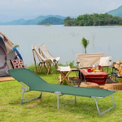 Outsunny Reclining Sun Lounger Chair Folding Camping Bed With 4-Position Adjustable Backrest, Green
