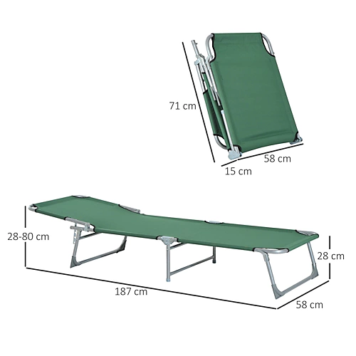 Outsunny Reclining Sun Lounger Chair Folding Camping Bed With 4-Position Adjustable Backrest, Green 3 Outsunny Reclining Sun Lounger Chair Folding Camping Bed With 4-Position Adjustable Backrest, Green - Image 3