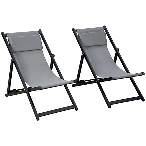 Outsunny Set Of 2 Folding Garden Beach Aluminium Frame Deck Chairs Deckchairs Seaside Folding Garden Patio Lounger, Grey 2 Outsunny Set Of 2 Folding Garden Beach Aluminium Frame Deck Chairs Deckchairs Seaside Folding Garden Patio Lounger, Grey - Image 2