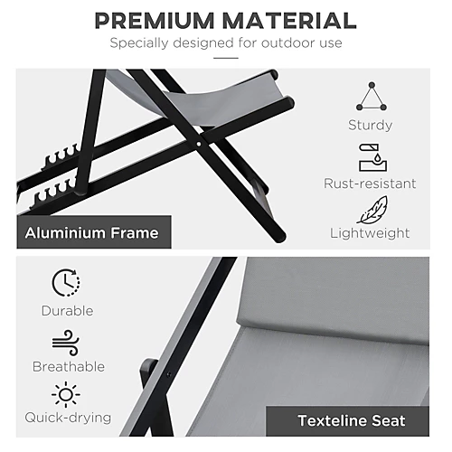 Outsunny Set Of 2 Folding Garden Beach Aluminium Frame Deck Chairs Deckchairs Seaside Folding Garden Patio Lounger, Grey 4 Outsunny Set Of 2 Folding Garden Beach Aluminium Frame Deck Chairs Deckchairs Seaside Folding Garden Patio Lounger, Grey - Image 4