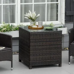 Outsunny Side Table Furniture Tempered Glass Garden Patio Wicker Brown