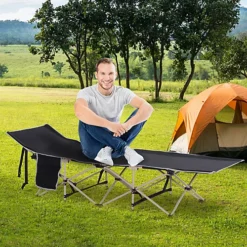 Outsunny Single Camping Bed Folding Cot Portable Military Sleeping Bed Guest Leisure Fishing W/ Side Pocket And Carry Bag - Black